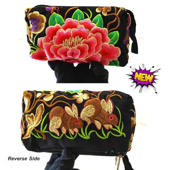 Embroidery Rabbits Floral Fabric Wristlet Pouch Black Brown Red 3-Layer Zippers - Picture 4 of 13